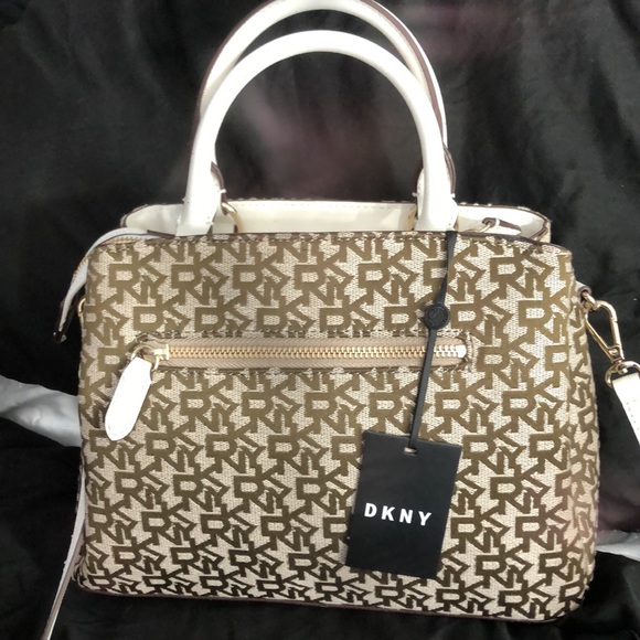 DKNY medium satchel White with DKNY logo in brown and has gold accents - Picture 2 of 4